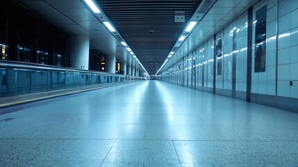 Aufkleber - Spacious and modern subway walkway illuminated by blue lighting creating a futuristic urban atmosphere : Generative AI
