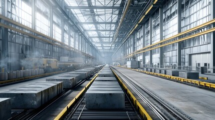 Poster - Metal ingots cooling on a conveyor belt after being cast in a continuous casting process in an industrial factory warehouse