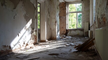 Poster - Abandoned and Dilapidated Room with Broken Walls and Natural Light Streaming Through Windows : Generative AI