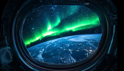 Wall Mural - view of earth from space station window with vibrant aurora borealis
