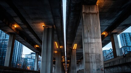 Aufkleber - Illuminated Urban Underpass at Dusk with Concrete Pillars and City Views : Generative AI