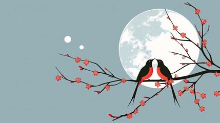 Wall Mural - Two birds on a flowering branch against the background of the moon, vector logo