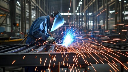 Leinwandbilder - Side angle view of a welder intensely focused on their work surrounded by the bright blue and orange welding arcs that illuminate the dim industrial workshop