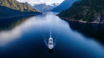 Canvas Print - Luxury Yacht Cruising Through Serene Waters Surrounded by Majestic Mountains : Generative AI