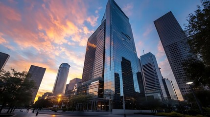 Poster - Tall Glass Buildings Reaching the Skies Under a Colorful Sunset : Generative AI