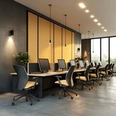 Poster - Modern Office Space with Computers and Natural Light - Sleek Design and Ergonomic Chairs Enhancing Workplace Productivity