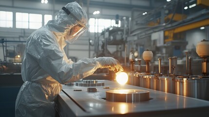 Leinwandbilder - Worker in Protective Suit Overseeing Automated Die Casting Process with Molten Metal Injection in an Industrial Manufacturing Facility