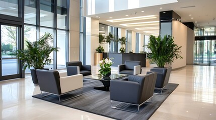 Sticker - Modern and Stylish Lobby with Comfortable Seating and Green Plants in Bright Office Building : Generative AI