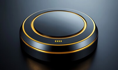 Black and gold button on dark background, lit by indicator lights, for user interface