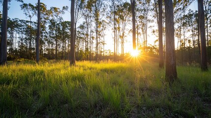 Aufkleber - Golden Hour in a Lush Forest with Tall Eucalyptus Trees and Sunlight Streaming Through the Leaves : Generative AI