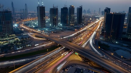 Poster - Aerial view of a bustling city with illuminated highways and modern skyscrapers at dusk : Generative AI