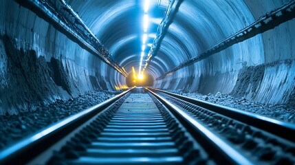 Aufkleber - Illuminated Tunnel with Railway Tracks Leading to Light at End : Generative AI