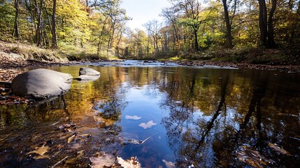 Poster - Tranquil River Surrounded by Vibrant Autumn Foliage Reflecting in Calm Water : Generative AI