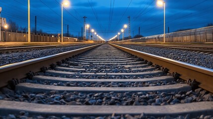Poster - Tranquil railway tracks in the evening illuminated by warm lights against a moody cloudy sky : Generative AI