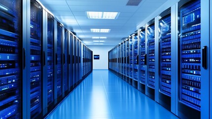 Fototapete - High-Tech Data Center with Rows of Server Racks and Blue Lighting : Generative AI