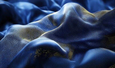 Blue metallic mesh fabric folds, dynamic backdrop, futuristic tech design
