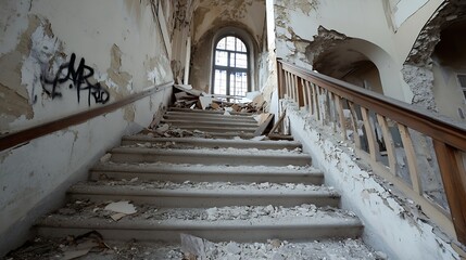 Aufkleber - Abandoned Interior Steps with Crumbling Walls and Graffiti in Old Building : Generative AI