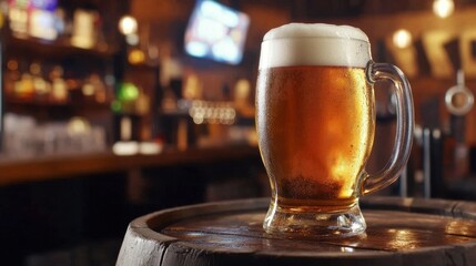 cold mug of fresh beer sitting on a barrel in a bar