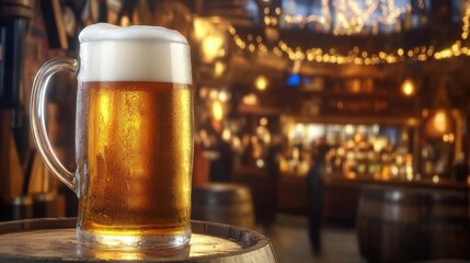 cold mug of beer resting on barrel in a busy pub