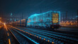 © syhin_stas - Holographic representation of a global logistics network on a train, railway, highlighting advanced transportation technology and worldwide cargo connections. banner, mock up, copy space