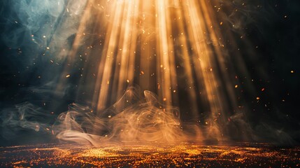 Canvas Print - dramatic spotlight illuminating a dark background with swirling smoke and glowing embers for cinemat