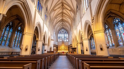 Wall Mural - Stunning interior view of a historic church highlighting architectural elegance and vibrant stained glass windows : Generative AI