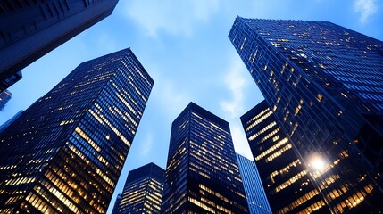 Poster - Stunning Skyscraper Views at Dusk Captured from the Ground Level in Urban Cityscape : Generative AI