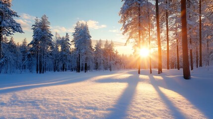 Aufkleber - Stunning Winter Landscape with Snow-Covered Trees and Beautiful Sunrise : Generative AI