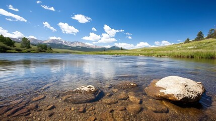 Poster - Picturesque natural river view with clear water stones trees and mountains : Generative AI