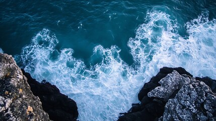 Leinwandbilder - Aerial View of Turquoise Waves Crashing Against Rocky Shoreline in Beautiful Coastline Scene : Generative AI