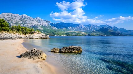 Canvas Print - Breathtaking Coastal Landscape with Clear Blue Water and Rocky Shoreline : Generative AI