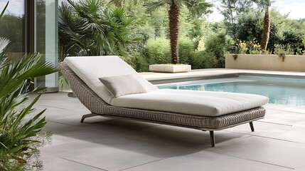 Aufkleber - Contemporary Outdoor Lounger by a Resort Pool Surrounded by Lush Greenery : Generative AI