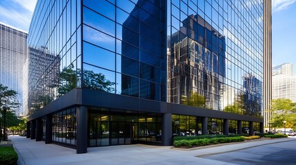 Wall Mural - Modern Urban Building with Reflective Glass Exterior Surrounded by Lush Greenery and Clear Blue Sky : Generative AI