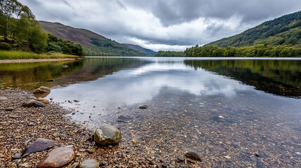 Canvas Print - Tranquil Lake Scene with Stones and Reflective Water Under Cloudy Sky : Generative AI