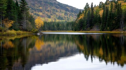Poster - Beautiful serene lake reflecting vibrant autumn colors surrounded by lush forest and mountains under softly cloudy sky : Generative AI