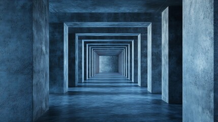 Fototapete - Modern Architectural Interior with Concrete Walls and Symmetrical Patterns in Blue Lighting : Generative AI