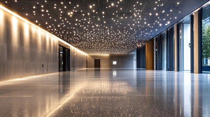 Poster - Stunning Modern Lobby Interior Design Featuring Sparkling Ceiling Lights and Reflective Floors : Generative AI