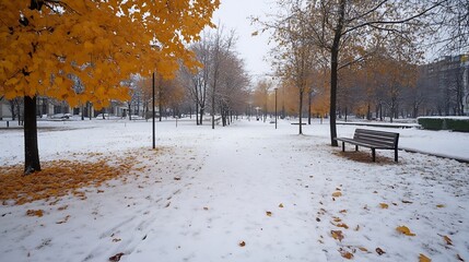 Aufkleber - Snowy Pathway in City Park with Vibrant Autumn Leaves and Bench : Generative AI