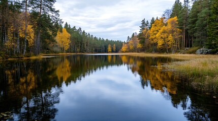 Poster - Stunning Reflection of Autumn Trees on a Calm Lake Surrounded by Lush Nature : Generative AI