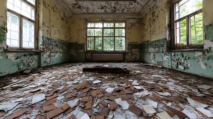 Aufkleber - Abandoned Room with Crumbling Walls and Floor Filled with Old Papers and Debris : Generative AI