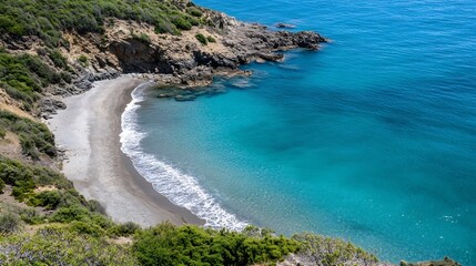 Canvas Print - Breathtaking Aerial View of Crystal Clear Bay and Rocky Coastline with Turquoise Waters and Waves : Generative AI