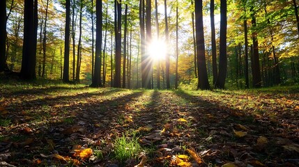Poster - Serene Forest Landscape with Bright Sunlight Shining Through Autumn Trees : Generative AI
