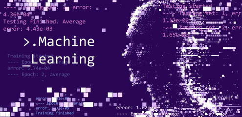 Aufkleber - Digital vector illustration depicts artificial intelligence through a pixelated face and code snippets, symbolizing technology, data, and machine learning in a blue color scheme.