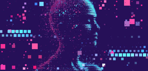 Aufkleber - Digital vector illustration depicts artificial intelligence through a pixelated face and code snippets, symbolizing technology, data, and machine learning in a blue color scheme.