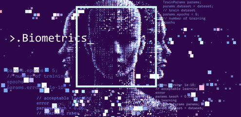 Aufkleber - Vector illustration of a pixelated faces overlaid with code, representing biometrics and technology in a digital landscape with blue tones and data elements.