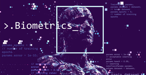 Aufkleber - Vector illustration of a pixelated face overlaid with code, representing biometrics and technology in a digital landscape with blue tones and data elements.