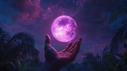 Wall Mural - a glowing purple orb floats above an outstretched human hand