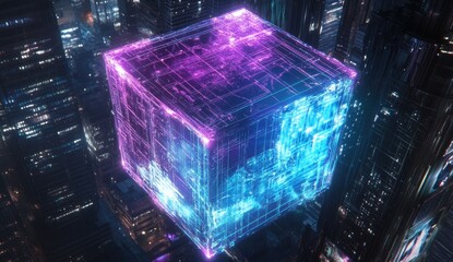 Poster - Futuristic cube hovering over a city