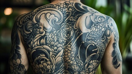  Full back creative tattoo design with intricate details.