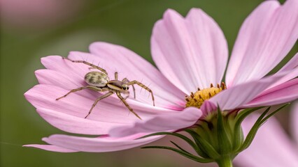 Wall Mural - spider on pink petal: a macro shot captures a spider crawling on a delicate, vibrant pink flower pet